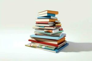 A book pile close up on a table. Front view pile book. For festival of world book day, national book day or national education day. Stack of colorful books on white background by AI Generated photo