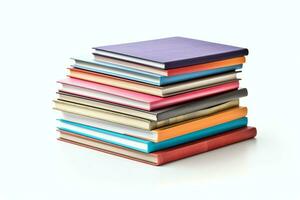 A book pile close up on a table. Front view pile book. For festival of world book day, national book day or national education day. Stack of colorful books on white background by AI Generated photo