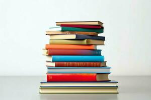 A book pile close up on a table. Front view pile book. For festival of world book day, national book day or national education day. Stack of colorful books on white background by AI Generated photo