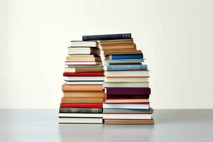 A book pile close up on a table. Front view pile book. For festival of world book day, national book day or national education day. Stack of colorful books on white background by AI Generated photo