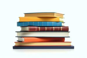 A book pile close up on a table. Front view pile book. For festival of world book day, national book day or national education day. Stack of colorful books on white background by AI Generated photo