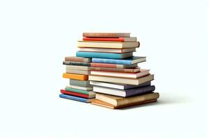 A book pile close up on a table. Front view pile book. For festival of world book day, national book day or national education day. Stack of colorful books on white background by AI Generated photo