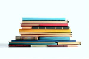 A book pile close up on a table. Front view pile book. For festival of world book day, national book day or national education day. Stack of colorful books on white background by AI Generated photo