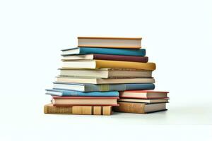 A book pile close up on a table. Front view pile book. For festival of world book day, national book day or national education day. Stack of colorful books on white background by AI Generated photo