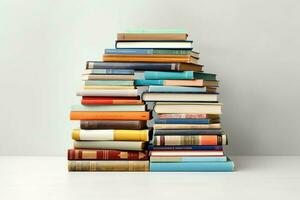 A book pile close up on a table. Front view pile book. For festival of world book day, national book day or national education day. Stack of colorful books on white background by AI Generated photo