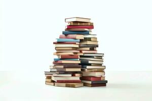 A book pile close up on a table. Front view pile book. For festival of world book day, national book day or national education day. Stack of colorful books on white background by AI Generated photo