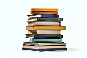 A book pile close up on a table. Front view pile book. For festival of world book day, national book day or national education day. Stack of colorful books on white background by AI Generated photo