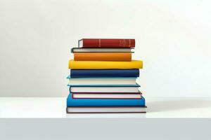 A book pile close up on a table. Front view pile book. For festival of world book day, national book day or national education day. Stack of colorful books on white background by AI Generated photo