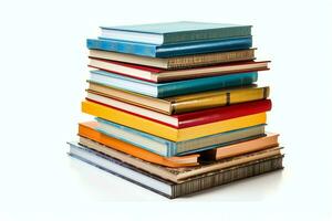 A book pile close up on a table. Front view pile book. For festival of world book day, national book day or national education day. Stack of colorful books on white background by AI Generated photo