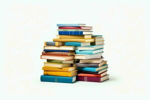 A book pile close up on a table. Front view pile book. For festival of world book day, national book day or national education day. Stack of colorful books on white background by AI Generated photo