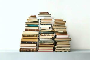 A book pile close up on a table. Front view pile book. For festival of world book day, national book day or national education day. Stack of colorful books on white background by AI Generated photo