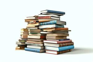 A book pile close up on a table. Front view pile book. For festival of world book day, national book day or national education day. Stack of colorful books on white background by AI Generated photo