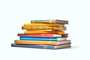 A book pile close up on a table. Front view pile book. For festival of world book day, national book day or national education day. Stack of colorful books on white background by AI Generated photo