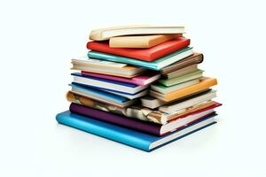 A book pile close up on a table. Front view pile book. For festival of world book day, national book day or national education day. Stack of colorful books on white background by AI Generated photo