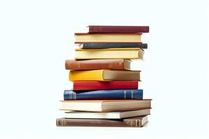 A book pile close up on a table. Front view pile book. For festival of world book day, national book day or national education day. Stack of colorful books on white background by AI Generated photo