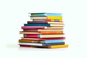 A book pile close up on a table. Front view pile book. For festival of world book day, national book day or national education day. Stack of colorful books on white background by AI Generated photo