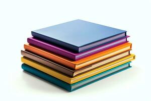 A book pile close up on a table. Front view pile book. For festival of world book day, national book day or national education day. Stack of colorful books on white background by AI Generated photo