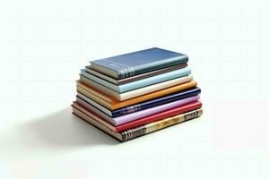 A book pile close up on a table. Front view pile book. For festival of world book day, national book day or national education day. Stack of colorful books on white background by AI Generated photo