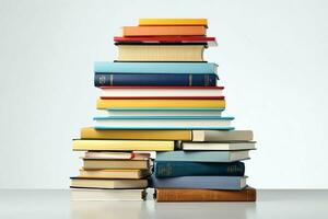 A book pile close up on a table. Front view pile book. For festival of world book day, national book day or national education day. Stack of colorful books on white background by AI Generated photo