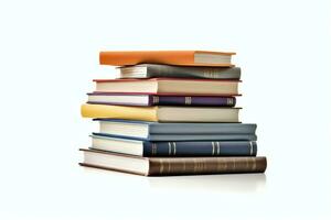 A book pile close up on a table. Front view pile book. For festival of world book day, national book day or national education day. Stack of colorful books on white background by AI Generated photo