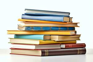 A book pile close up on a table. Front view pile book. For festival of world book day, national book day or national education day. Stack of colorful books on white background by AI Generated photo