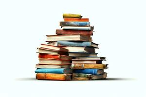 A book pile close up on a table. Front view pile book. For festival of world book day, national book day or national education day. Stack of colorful books on white background by AI Generated photo