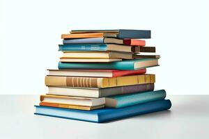 A book pile close up on a table. Front view pile book. For festival of world book day, national book day or national education day. Stack of colorful books on white background by AI Generated photo