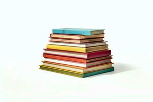 A book pile close up on a table. Front view pile book. For festival of world book day, national book day or national education day. Stack of colorful books on white background by AI Generated photo