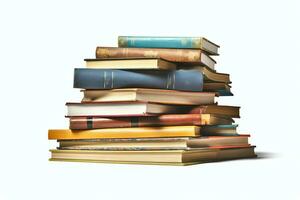 A book pile close up on a table. Front view pile book. For festival of world book day, national book day or national education day. Stack of colorful books on white background by AI Generated photo