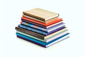 A book pile close up on a table. Front view pile book. For festival of world book day, national book day or national education day. Stack of colorful books on white background by AI Generated photo