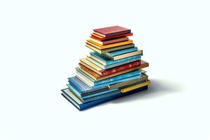 A book pile close up on a table. Front view pile book. For festival of world book day, national book day or national education day. Stack of colorful books on white background by AI Generated photo