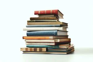 A book pile close up on a table. Front view pile book. For festival of world book day, national book day or national education day. Stack of colorful books on white background by AI Generated photo