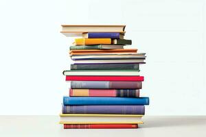 A book pile close up on a table. Front view pile book. For festival of world book day, national book day or national education day. Stack of colorful books on white background by AI Generated photo