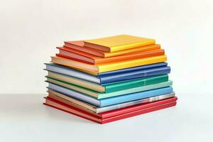 A book pile close up on a table. Front view pile book. For festival of world book day, national book day or national education day. Stack of colorful books on white background by AI Generated photo