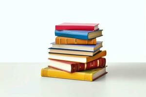 A book pile close up on a table. Front view pile book. For festival of world book day, national book day or national education day. Stack of colorful books on white background by AI Generated photo