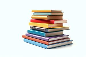 A book pile close up on a table. Front view pile book. For festival of world book day, national book day or national education day. Stack of colorful books on white background by AI Generated photo