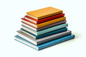 A book pile close up on a table. Front view pile book. For festival of world book day, national book day or national education day. Stack of colorful books on white background by AI Generated photo