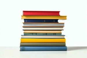 A book pile close up on a table. Front view pile book. For festival of world book day, national book day or national education day. Stack of colorful books on white background by AI Generated photo