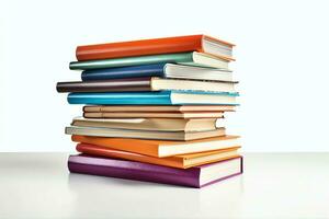 A book pile close up on a table. Front view pile book. For festival of world book day, national book day or national education day. Stack of colorful books on white background by AI Generated photo