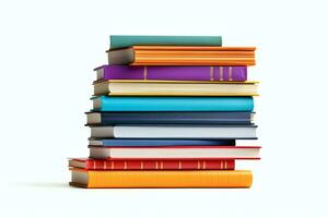 A book pile close up on a table. Front view pile book. For festival of world book day, national book day or national education day. Stack of colorful books on white background by AI Generated photo