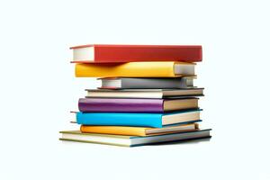 A book pile close up on a table. Front view pile book. For festival of world book day, national book day or national education day. Stack of colorful books on white background by AI Generated photo