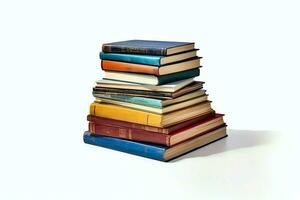 A book pile close up on a table. Front view pile book. For festival of world book day, national book day or national education day. Stack of colorful books on white background by AI Generated photo