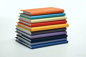 A book pile close up on a table. Front view pile book. For festival of world book day, national book day or national education day. Stack of colorful books on white background by AI Generated photo