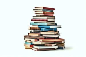 A book pile close up on a table. Front view pile book. For festival of world book day, national book day or national education day. Stack of colorful books on white background by AI Generated photo