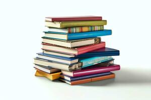 A book pile close up on a table. Front view pile book. For festival of world book day, national book day or national education day. Stack of colorful books on white background by AI Generated photo