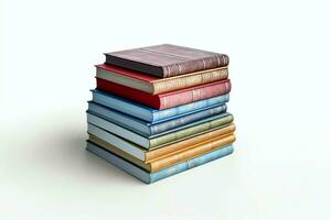 A book pile close up on a table. Front view pile book. For festival of world book day, national book day or national education day. Stack of colorful books on white background by AI Generated photo