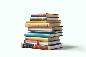 A book pile close up on a table. Front view pile book. For festival of world book day, national book day or national education day. Stack of colorful books on white background by AI Generated photo