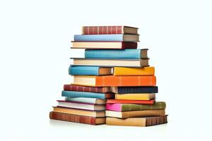 A book pile close up on a table. Front view pile book. For festival of world book day, national book day or national education day. Stack of colorful books on white background by AI Generated photo