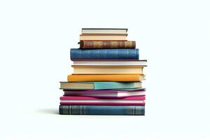 A book pile close up on a table. Front view pile book. For festival of world book day, national book day or national education day. Stack of colorful books on white background by AI Generated photo