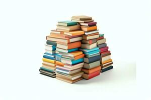 A book pile close up on a table. Front view pile book. For festival of world book day, national book day or national education day. Stack of colorful books on white background by AI Generated photo